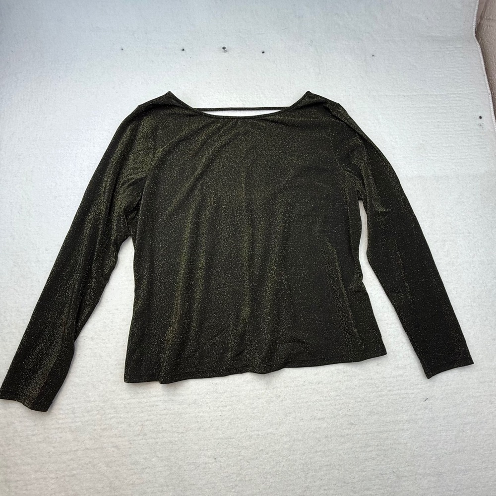 NY & Co Women's XXL shirt top Black‎ Gold Metallic Sparkle Long Sleeve low back